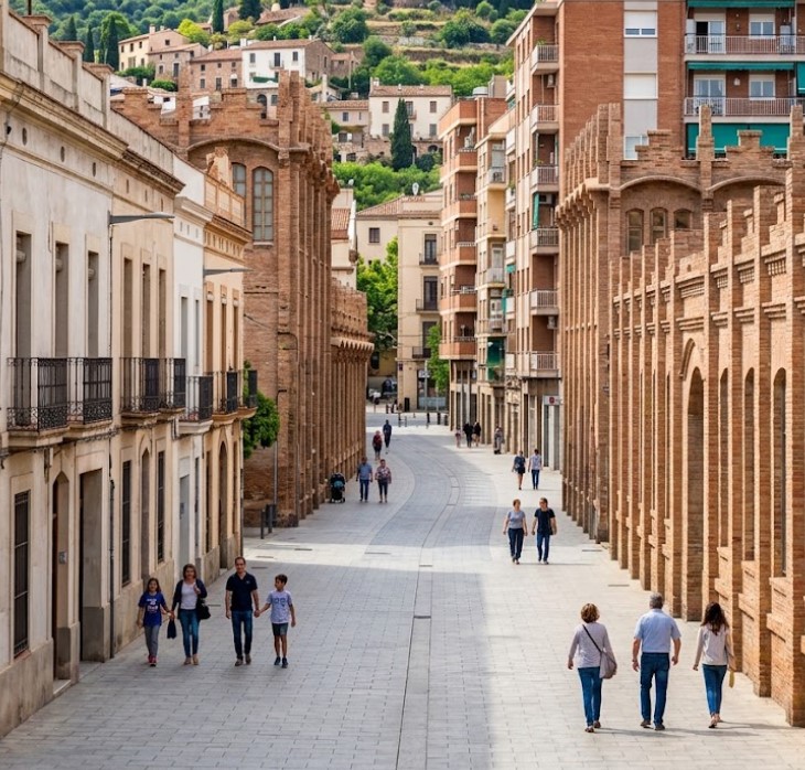 Vistas de las calles residenciales, arquitectura de ladrillo y proximidad a Montjuïc en La Font de la Guatlla, Barcelona